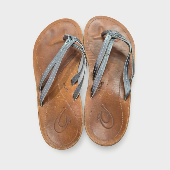 OluKai U'i Womens Silver Strap Leather Flip Flop Sandals Double Strap Sz 7 - Picture 2 of 6